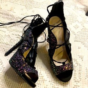 Qupid Lace Up Glitter Heels
